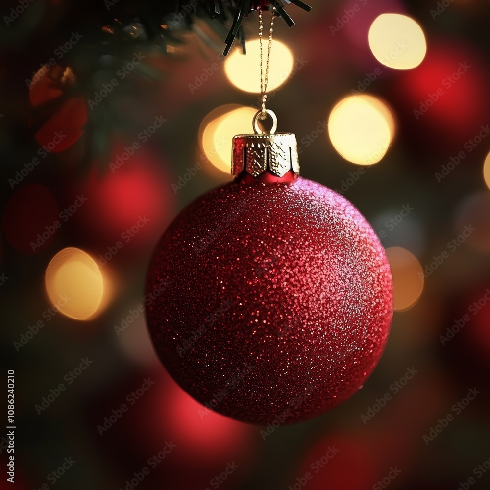 Fototapeta premium A vibrant red ornament glistens on a lush green Christmas tree, embodying festive cheer and holiday spirit in a cozy, wintry atmosphere.