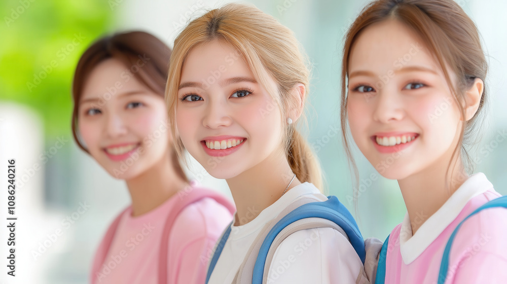Cheerful friends with backpacks enjoying a sunny day outdoors Cheerful friends with backpacks enjoying a sunny day outdoors