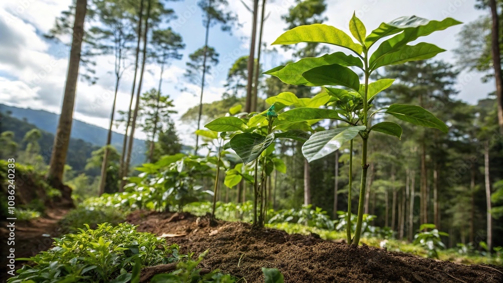 A group of coffee seedlings emerging from the ground in a lush green forest surrounded by tall trees and vibrant foliage, plant life, sprouting, green A group of coffee seedlings emerging from the ground in a lush green forest surrounded by tall trees and vibrant foliage, plant life, sprouting, green
