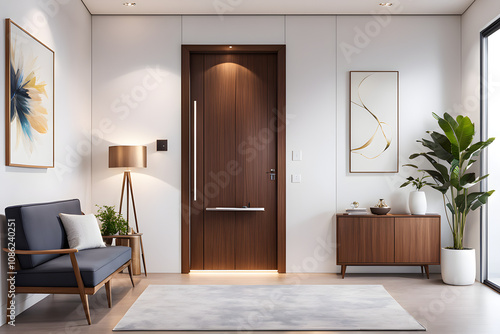 Modern home front door nestled in an interior with neat minimalist design