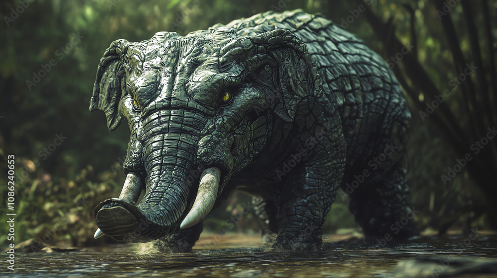 Fototapeta premium A unique creature with the body of an elephant and the head of a crocodile in a lush forest at twilight