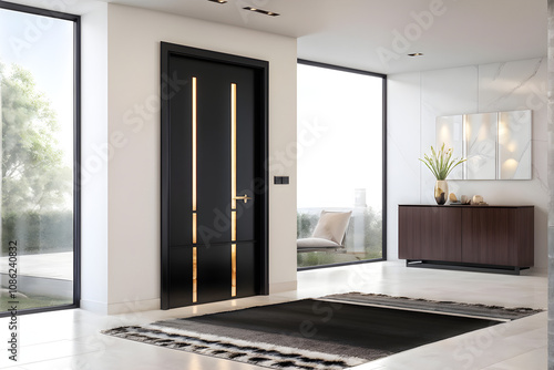 Modern home front door nestled in an interior with neat minimalist design