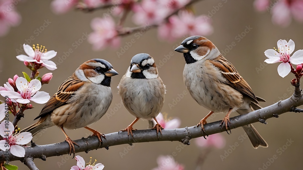 sparrow on a branch with flowers sparrow on a branch with flowers