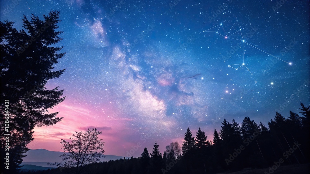 A mesmerizing blue and purple night sky with pink stars and constellations in a dark, textured background, darkness, space A mesmerizing blue and purple night sky with pink stars and constellations in a dark, textured background, darkness, space