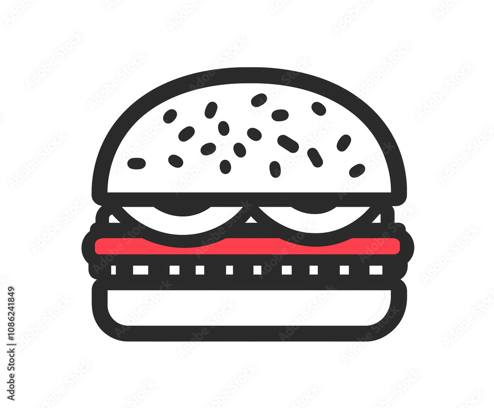 PNG cut out isolated background. A playful and colorful burger icon with a sesame seed bun, cheese, tomato, and patty, illustrated in a flat, minimalist style. PNG cut out isolated background. A playful and colorful burger icon with a sesame seed bun, cheese, tomato, and patty, illustrated in a flat, minimalist style.