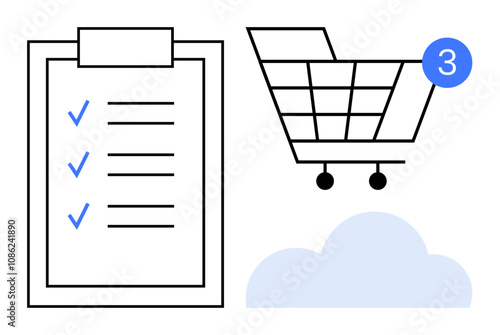 Checklist with checkmarks, shopping cart with three items symbol, and cloud. Ideal for online shopping, e-commerce, inventory management, cloud storage, task management, productivity