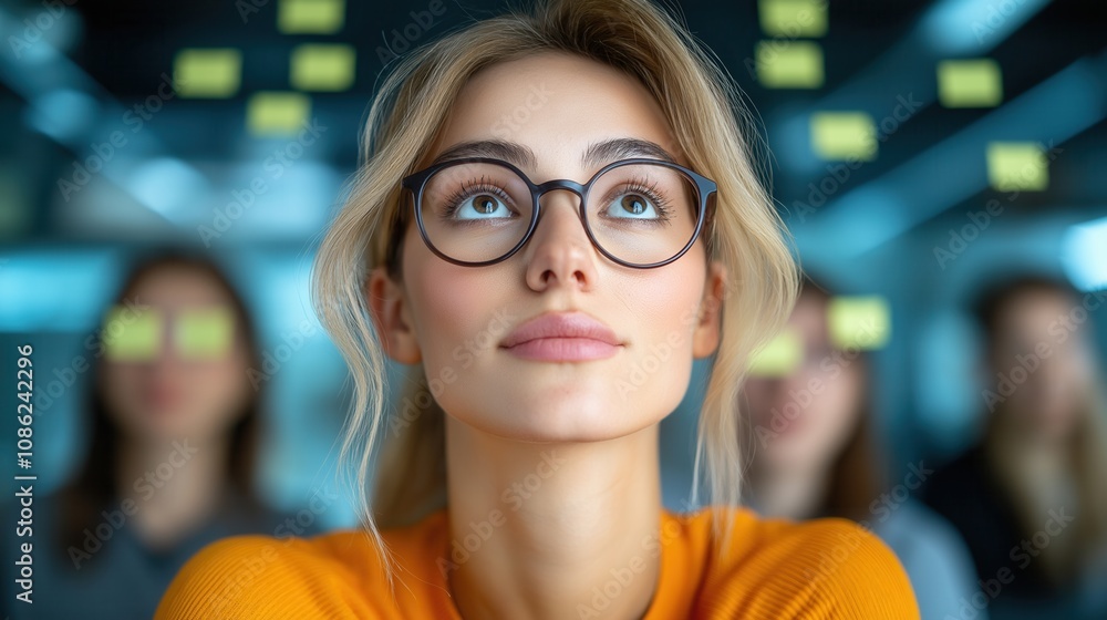 Young woman in glasses amid office brainstorm with sticky notes Young woman in glasses amid office brainstorm with sticky notes