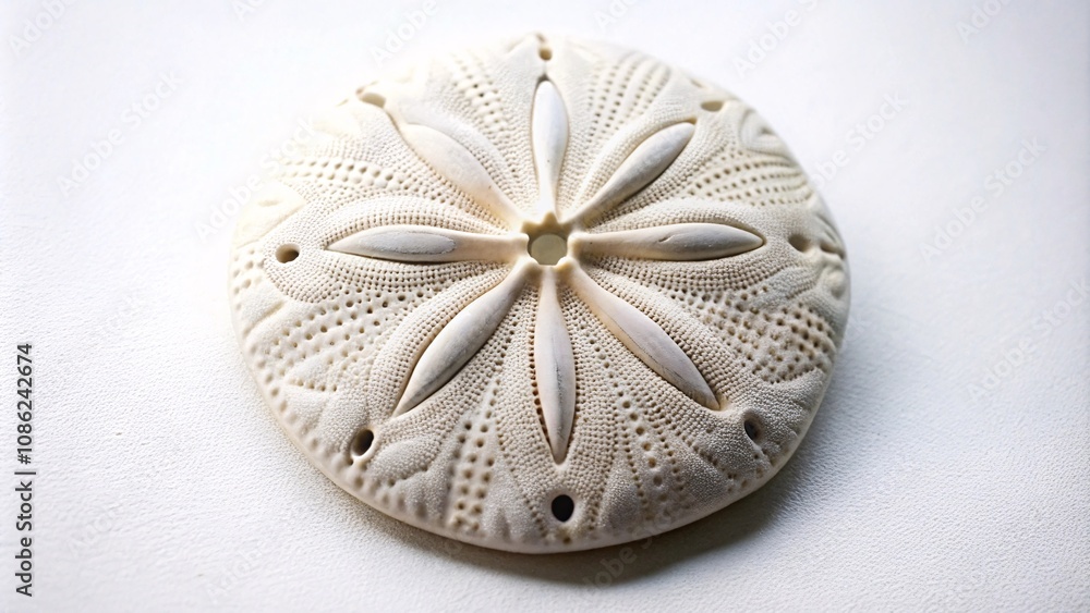 A white sand dollar shell with intricate patterns centered on a white background. A white sand dollar shell with intricate patterns centered on a white background.