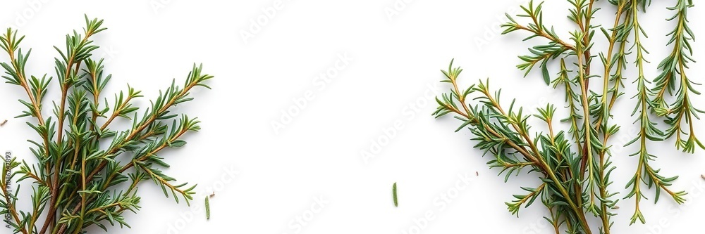 Obraz premium Aromatic rosemary herb growing on white backdrop, evergreen, herb, garden herbs