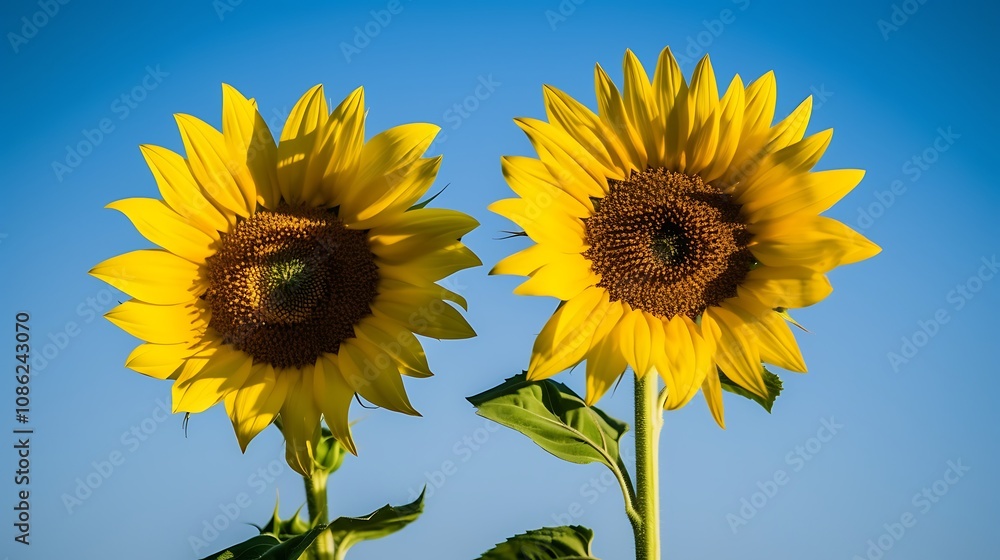 Two Sunflowers Bloom Bright Against A Clear Blue Sky Two Sunflowers Bloom Bright Against A Clear Blue Sky
