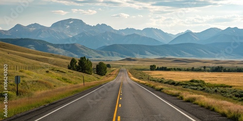 A scenic drive on a straight asphalt road through a vast open landscape with rolling hills and towering mountains visible beyond the horizon, mountain range, emptiness