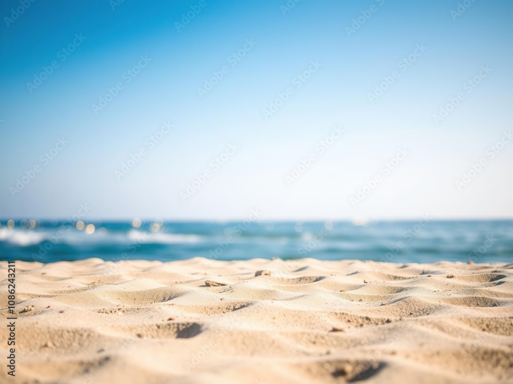 A serene sandy shore under a light blue sky with twinkling bokeh lights scattered across the horizon, soft focus, beach at dusk A serene sandy shore under a light blue sky with twinkling bokeh lights scattered across the horizon, soft focus, beach at dusk