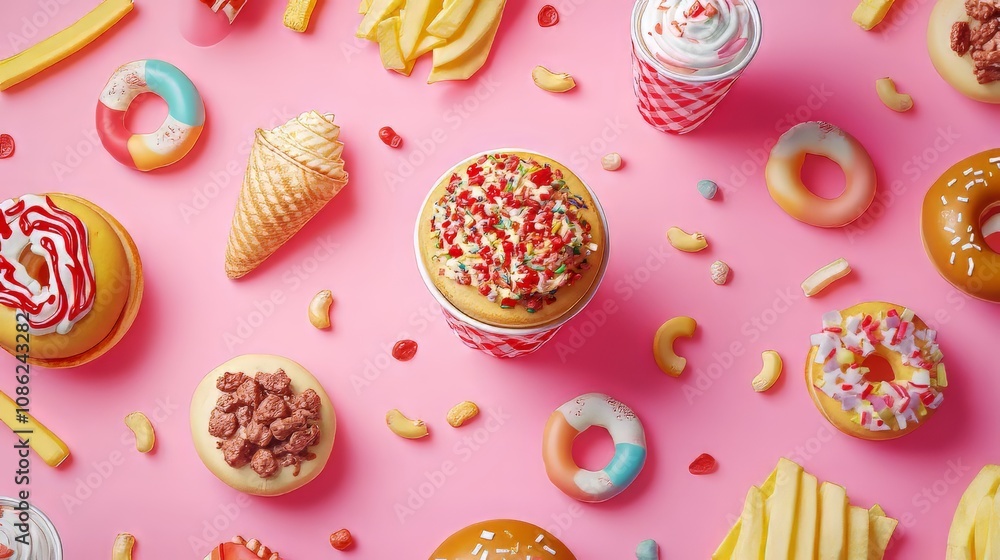 Cute cartoon pattern of fast food items on a pink background. food vectors. Ultra realistic. Photorealistic Cute cartoon pattern of fast food items on a pink background. food vectors. Ultra realistic. Photorealistic