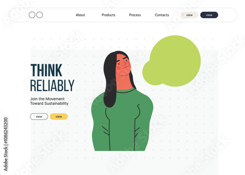 Thinking people, modern flat vector concept illustration- woman standing thoughtfully, looking upwards, bubble near head Metaphor for reflection, analysis, introspection, contemplation, deep thought