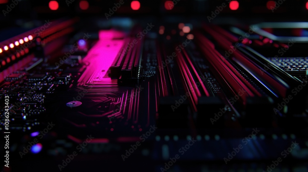 Obraz premium Close Up of a Computer Motherboard with Neon Pink Lights