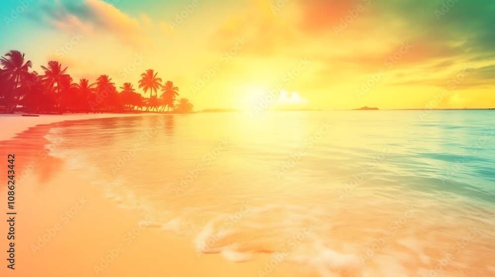 Fototapeta premium Tropical Beach Sunset Palm Trees Ocean Shore