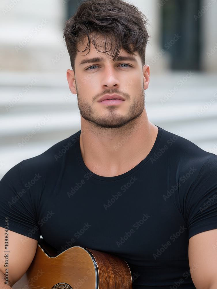 Young man with guitar: casual portrait outdoors Young man with guitar: casual portrait outdoors