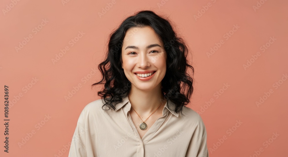 Asian woman with curly hair smiling against peach background Asian woman with curly hair smiling against peach background