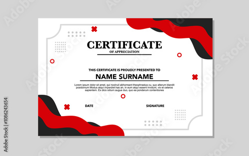 Red black certificate design features appreciation wording and name space. photo