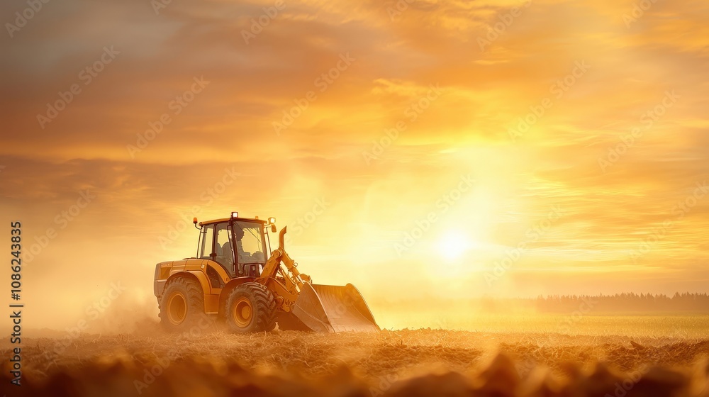 Fototapeta premium Sunset Over Farm Tractor in Golden Hour