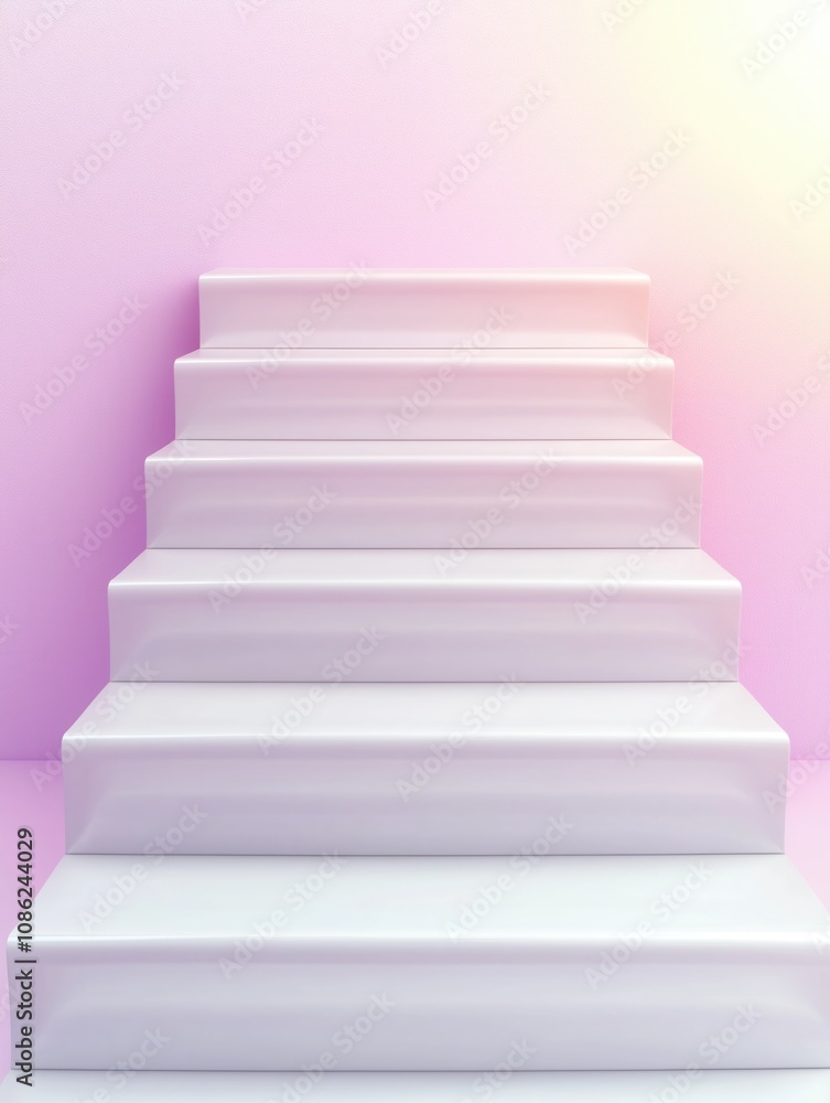 Minimalist white staircase with soft pastel pink and orange background Minimalist white staircase with soft pastel pink and orange background