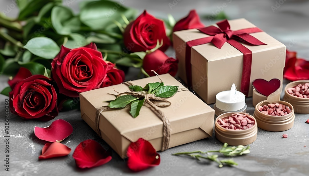 Valentine's day gift presentation with roses and decorative boxes indoor setting photography romantic atmosphere artistic viewpoint Valentine's day gift presentation with roses and decorative boxes indoor setting photography romantic atmosphere artistic viewpoint