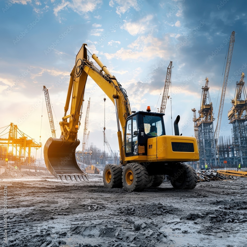 Fototapeta premium Excavator Working on Construction Site at Sunset
