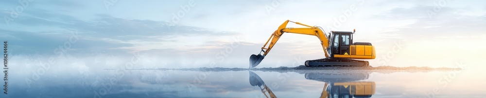 Excavator Working on Water's Edge at Sunrise Excavator Working on Water's Edge at Sunrise
