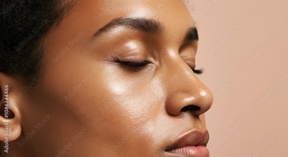 Close-up of African woman's face with glowing skin, closed eyes Close-up of African woman's face with glowing skin, closed eyes