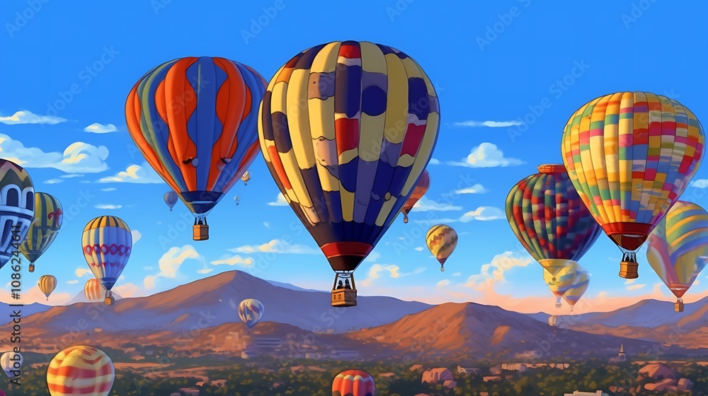 Obraz premium Colorful Hot Air Balloons Soar Over Scenic Mountains