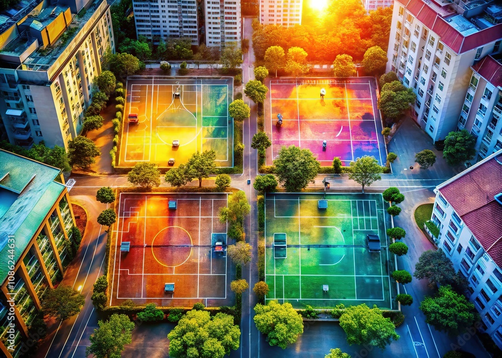 Vibrant Urban Courts: Double Exposure Basketball & Tennis Vibrant Urban Courts: Double Exposure Basketball & Tennis