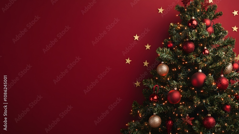 Decorated Christmas Tree with Red Ornaments and Golden Stars on a Burgundy Background Decorated Christmas Tree with Red Ornaments and Golden Stars on a Burgundy Background