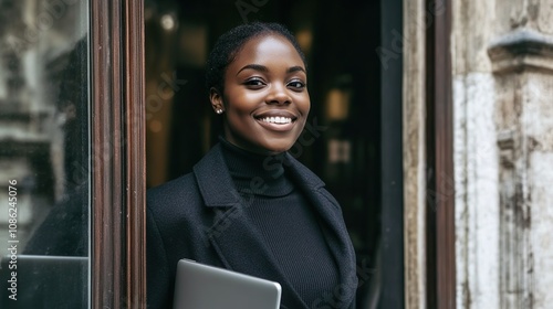  Smiling Professional Woman in Stylish Navy Suit Against Neutral Gray Wall