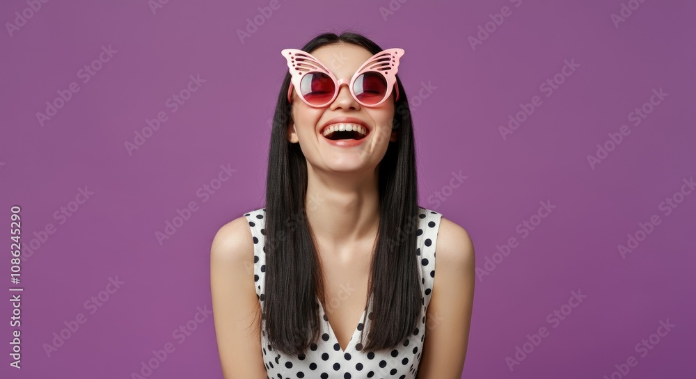 Woman with butterfly sunglasses and polka dot dress laughing against purple background Woman with butterfly sunglasses and polka dot dress laughing against purple background