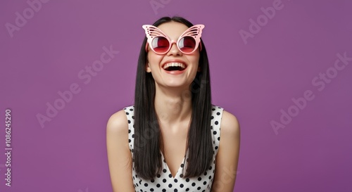 Wallpaper Mural Woman with butterfly sunglasses and polka dot dress laughing against purple background Torontodigital.ca