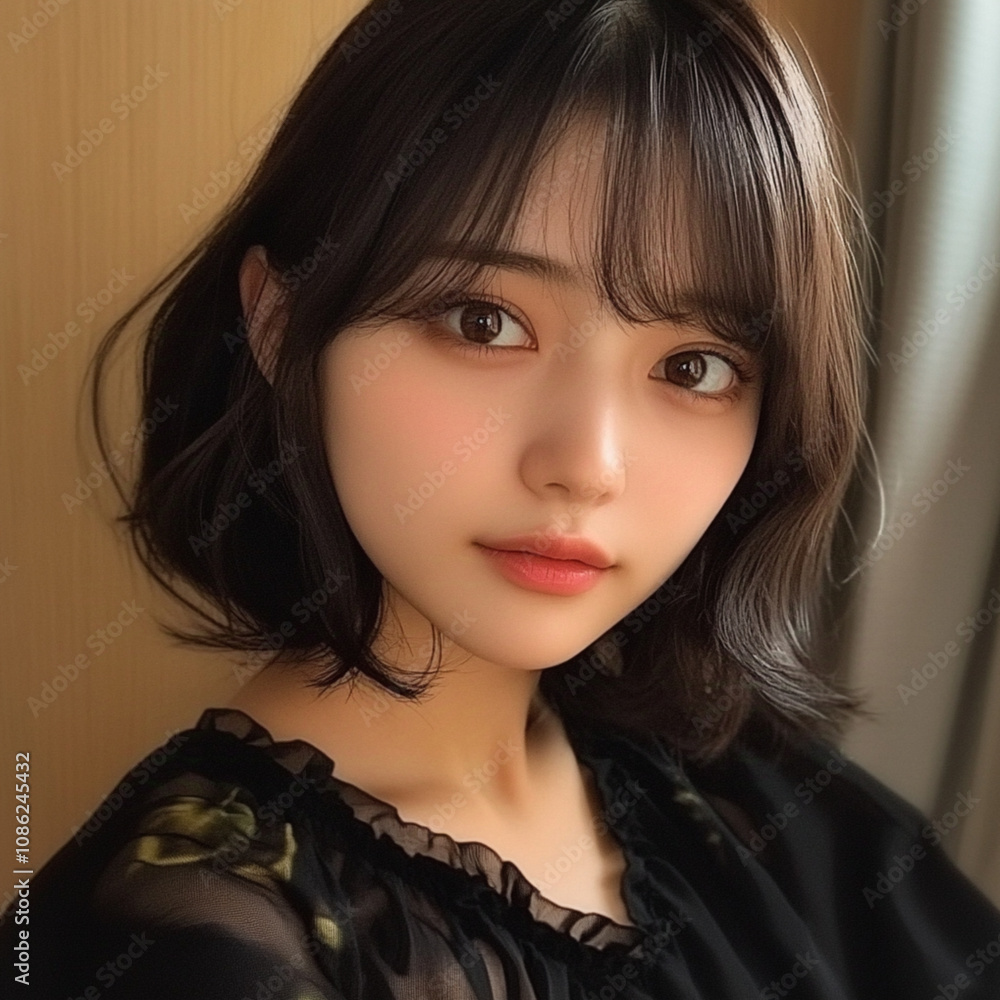 A young East Asian woman with short dark hair, wearing a black lace top, looking directly at the camera with a serious expression A young East Asian woman with short dark hair, wearing a black lace top, looking directly at the camera with a serious expression
