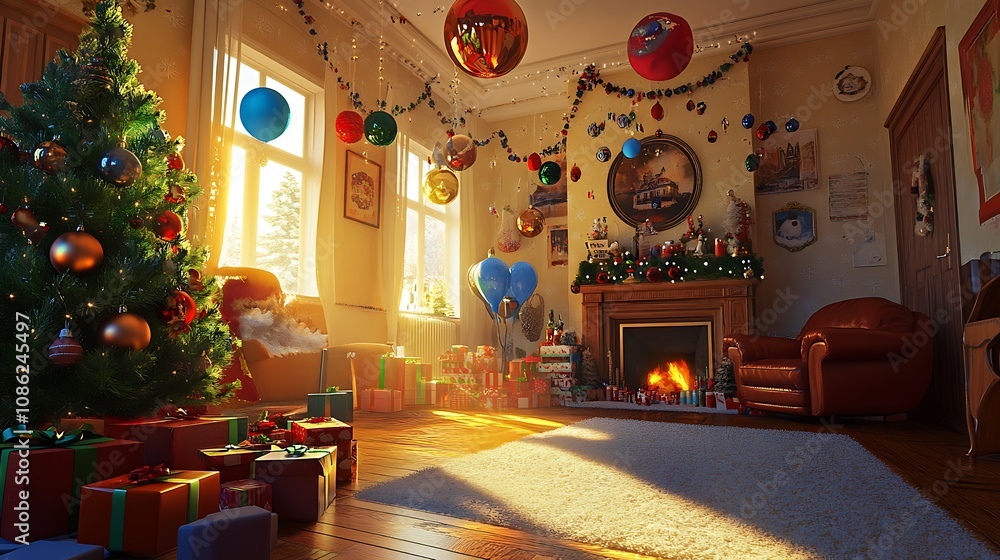 Christmas morning living room scene Christmas morning living room scene