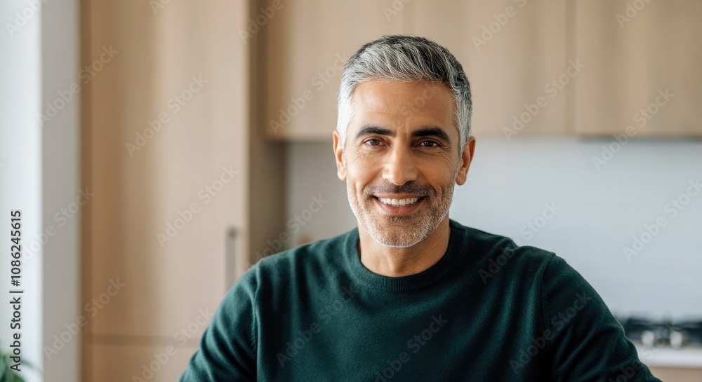 Smiling middle-aged man with salt-and-pepper hair in kitchen Smiling middle-aged man with salt-and-pepper hair in kitchen