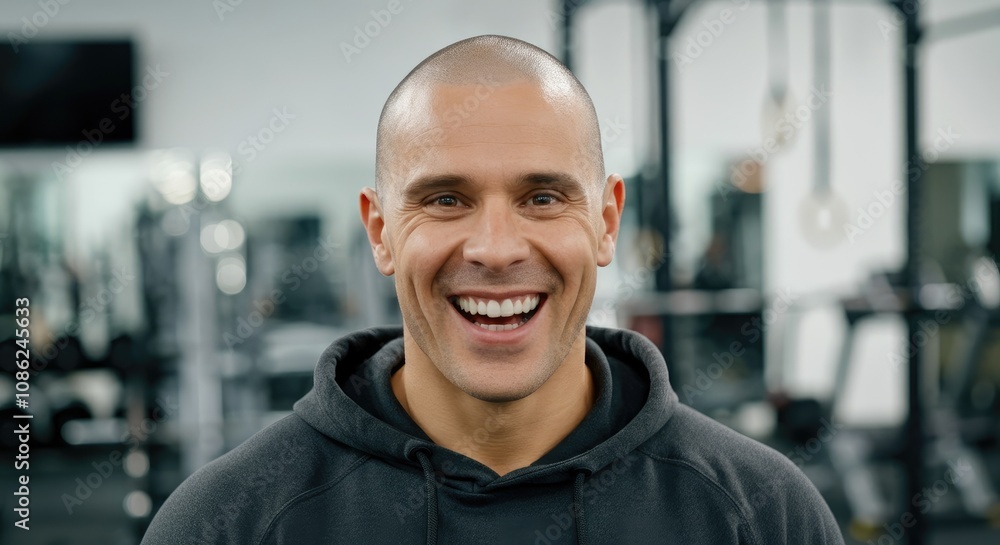 Smiling bald man in gym, wearing hoodie Smiling bald man in gym, wearing hoodie