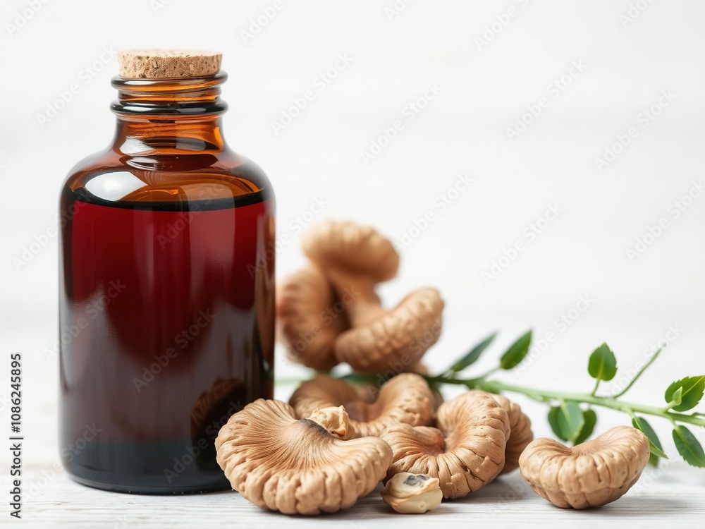 Close-up of a bottle with shiitake mushroom extract and dried shiitake mushrooms, plant-based, herbal remedy, immune system support Close-up of a bottle with shiitake mushroom extract and dried shiitake mushrooms, plant-based, herbal remedy, immune system support