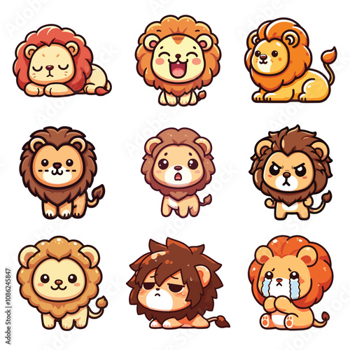 set collection cute chibi lion vector  photo