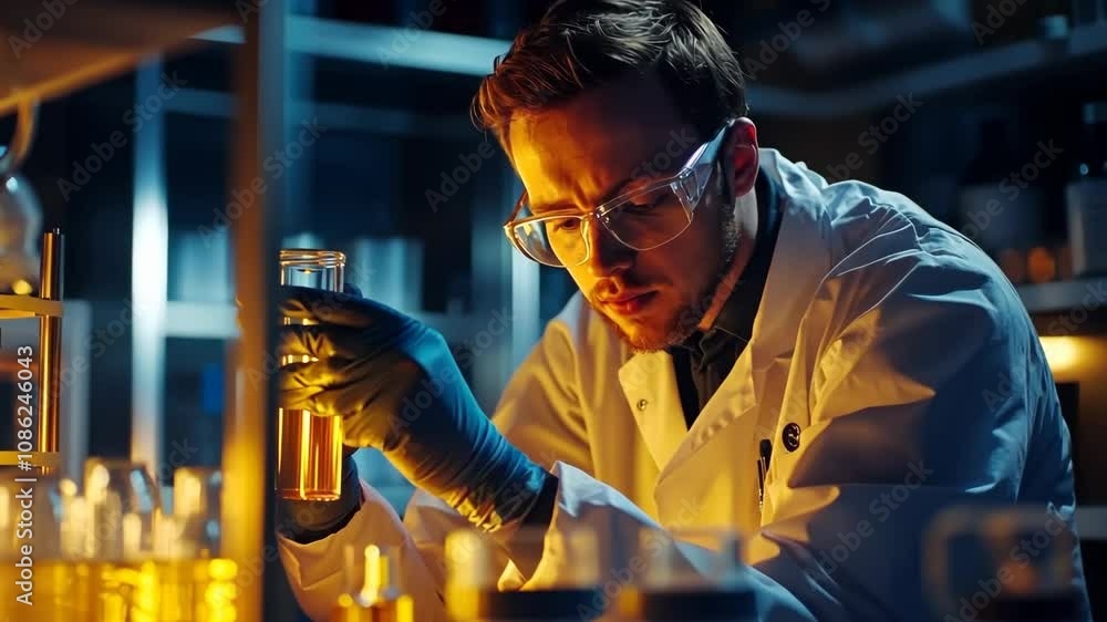 A researcher in a laboratory examines a glowing liquid in a test tube during evening hours to study chemical reactions and properties A researcher in a laboratory examines a glowing liquid in a test tube during evening hours to study chemical reactions and properties