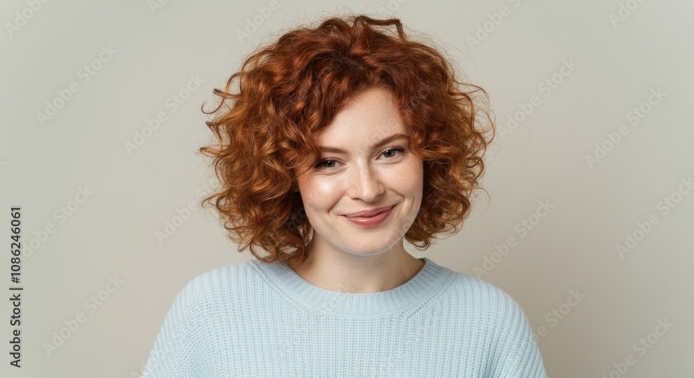 Smiling woman with curly red hair in light blue sweater Smiling woman with curly red hair in light blue sweater