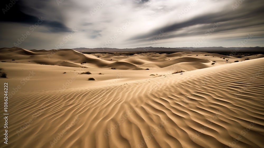 Naklejka premium Rolling Sand Dunes Under a Cloudy Sky