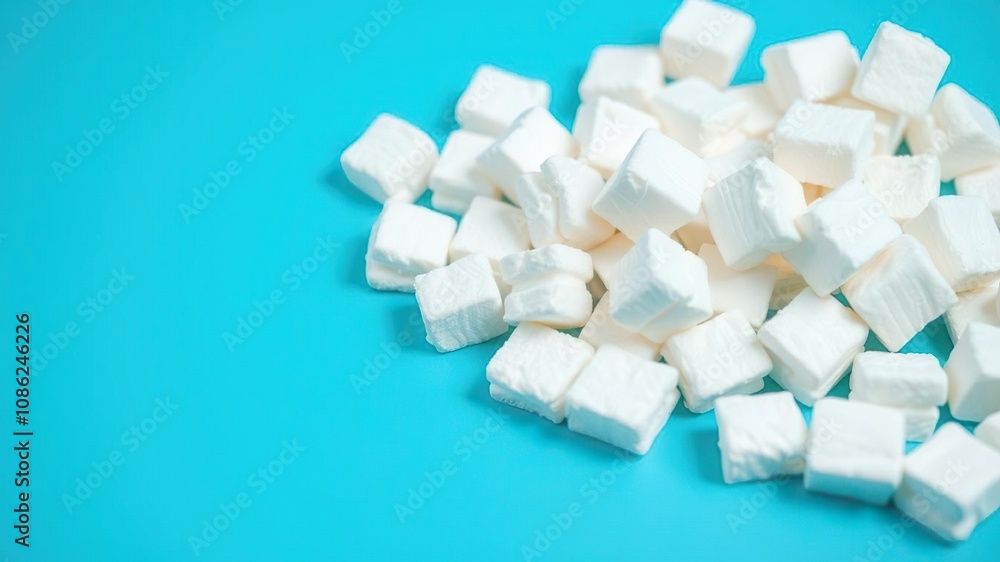 Close-up of marshmallows in a pile on a bright blue surface, playful, confectionery Close-up of marshmallows in a pile on a bright blue surface, playful, confectionery