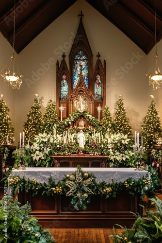 Wallpaper Mural Majestic church interior showcasing a grand altar beneath a towering stained-glass window, illuminating the sacred space with vibrant hues and spiritual ambiance. Torontodigital.ca