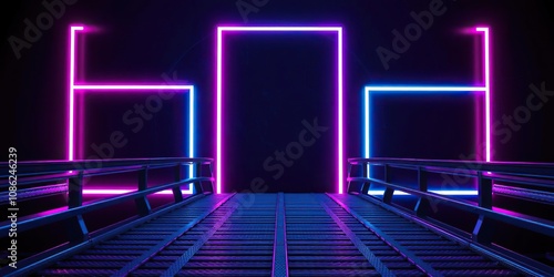 Close-up of metal catwalk set against a dark abstract backdrop with glowing neon pink and blue square frames, modern style, texture