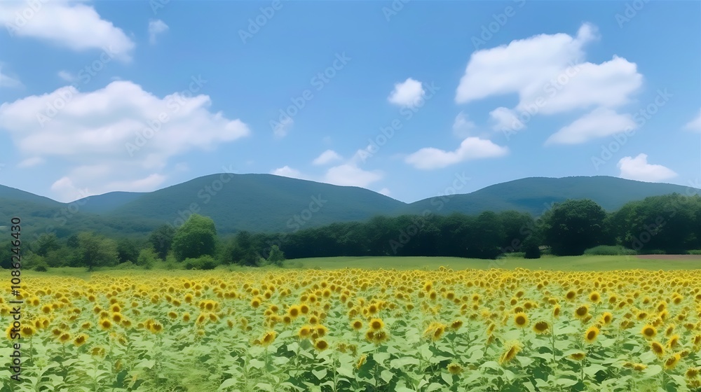 Sunflowers Bloom Brightly Against A Mountainous Landscape Sunflowers Bloom Brightly Against A Mountainous Landscape
