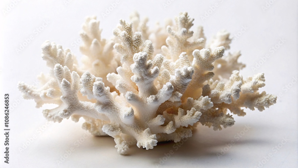 A small, textured white coral branch placed on a white background. A small, textured white coral branch placed on a white background.