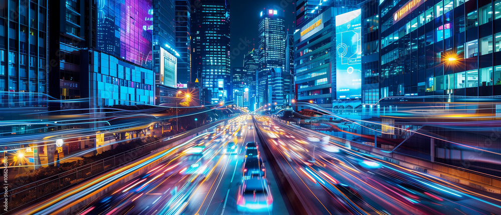 A futuristic smart city at night, glowing neon lights, autonomous cars on wide streets A futuristic smart city at night, glowing neon lights, autonomous cars on wide streets
